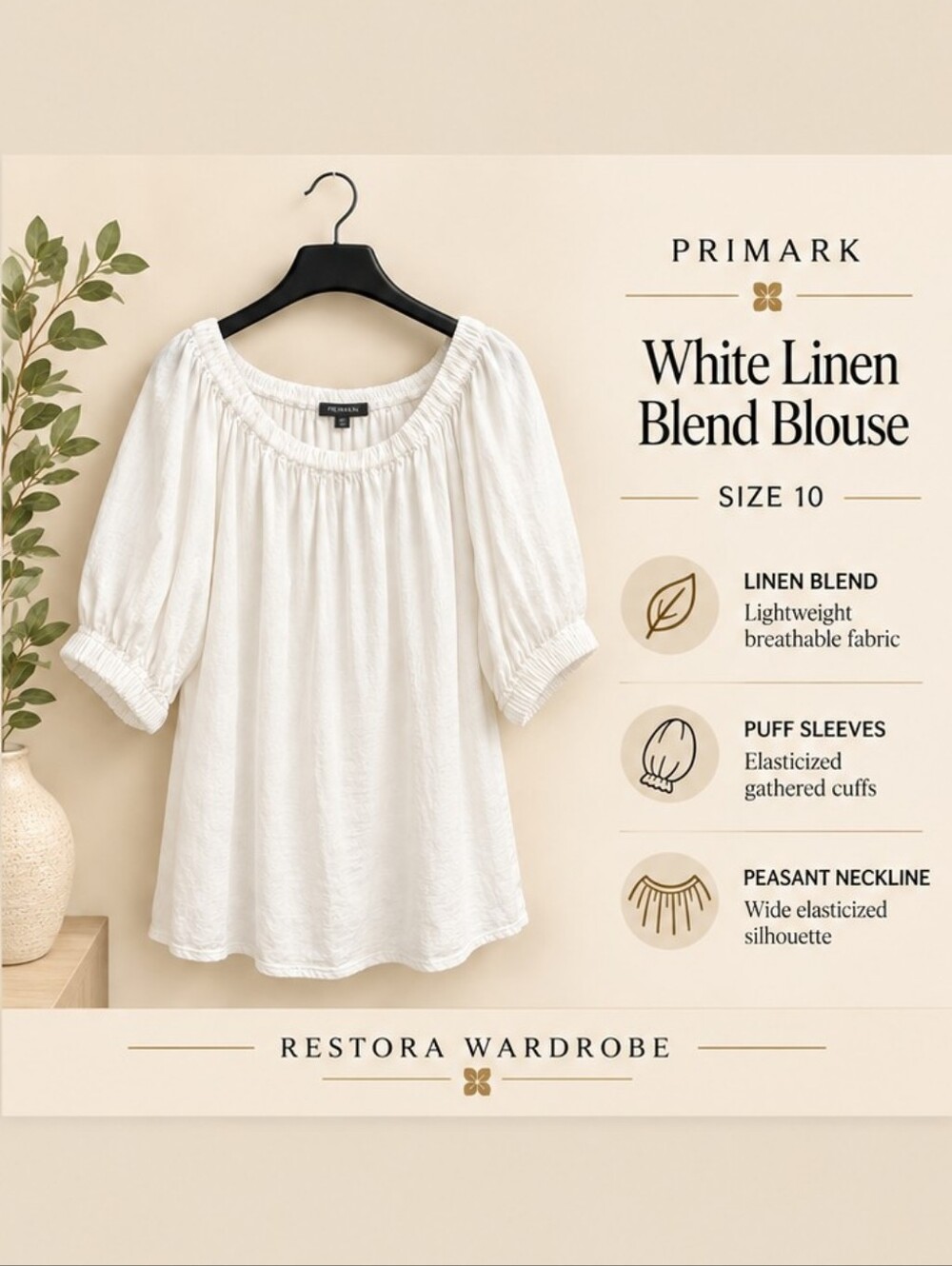 Primark White Linen Blend Puff Sleeve Peasant Blouse Size 10 Boho